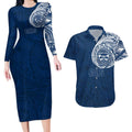 Personalized Geelong Cats Polynesian Couples Matching Long Sleeve Bodycon Dress and Hawaiian Shirt Tribal Chest and Sleeve Tattoo Heritage Warrior
