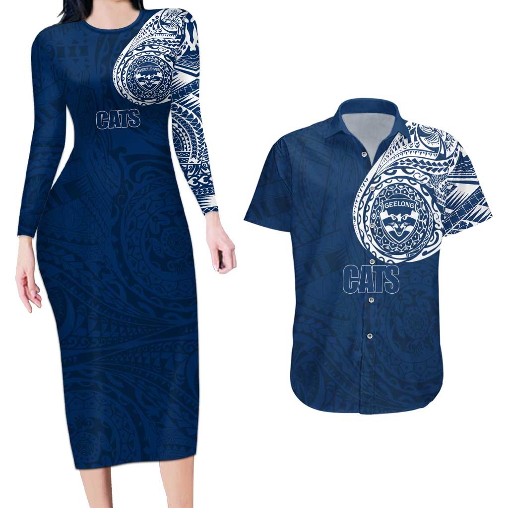 Personalized Geelong Cats Polynesian Couples Matching Long Sleeve Bodycon Dress and Hawaiian Shirt Tribal Chest and Sleeve Tattoo Heritage Warrior