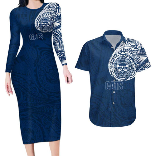 Personalized Geelong Cats Polynesian Couples Matching Long Sleeve Bodycon Dress and Hawaiian Shirt Tribal Chest and Sleeve Tattoo Heritage Warrior