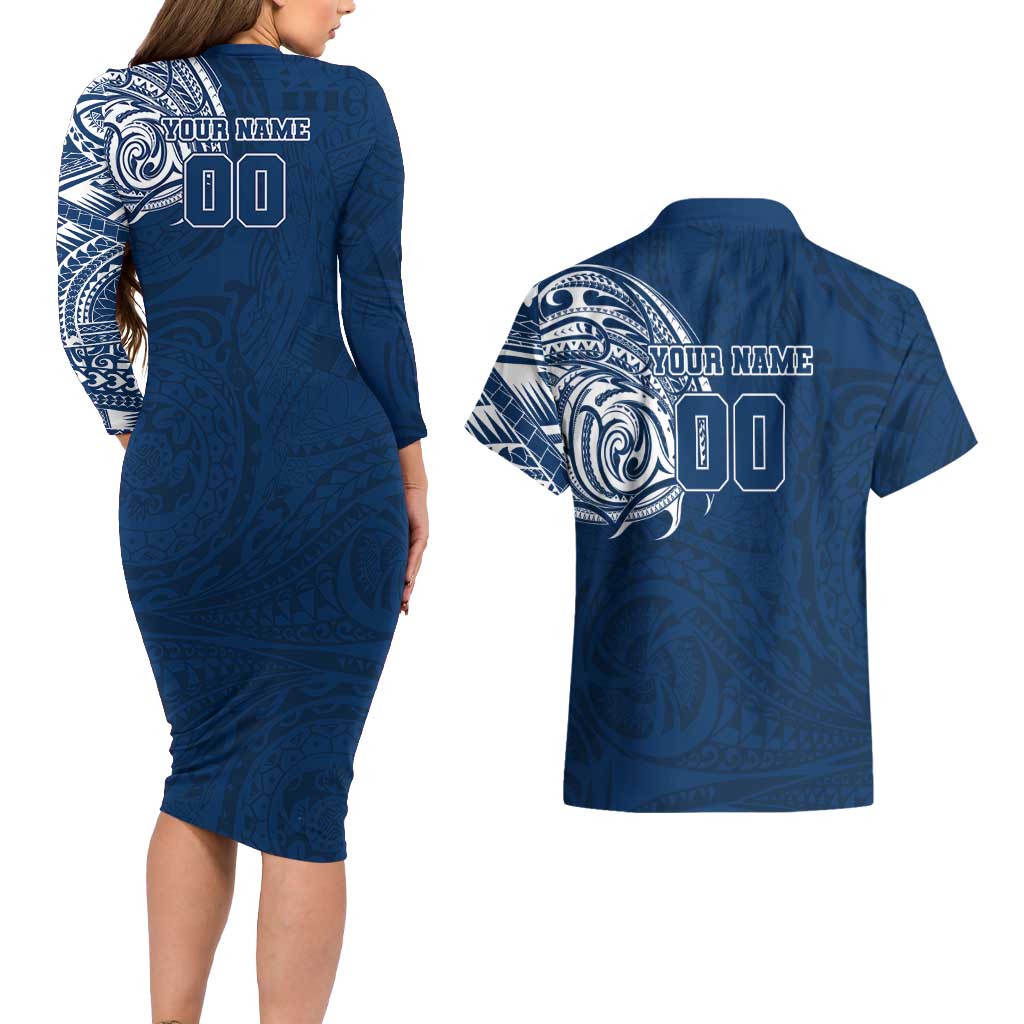 Personalized Geelong Cats Polynesian Couples Matching Long Sleeve Bodycon Dress and Hawaiian Shirt Tribal Chest and Sleeve Tattoo Heritage Warrior