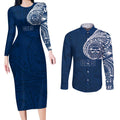 Personalized Geelong Cats Polynesian Couples Matching Long Sleeve Bodycon Dress and Long Sleeve Button Shirt Tribal Chest and Sleeve Tattoo Heritage Warrior