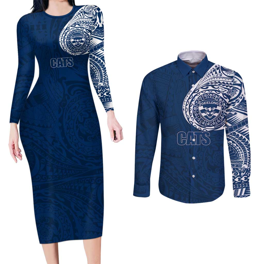 Personalized Geelong Cats Polynesian Couples Matching Long Sleeve Bodycon Dress and Long Sleeve Button Shirt Tribal Chest and Sleeve Tattoo Heritage Warrior