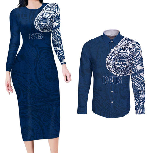 Personalized Geelong Cats Polynesian Couples Matching Long Sleeve Bodycon Dress and Long Sleeve Button Shirt Tribal Chest and Sleeve Tattoo Heritage Warrior