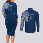 Personalized Geelong Cats Polynesian Couples Matching Long Sleeve Bodycon Dress and Long Sleeve Button Shirt Tribal Chest and Sleeve Tattoo Heritage Warrior