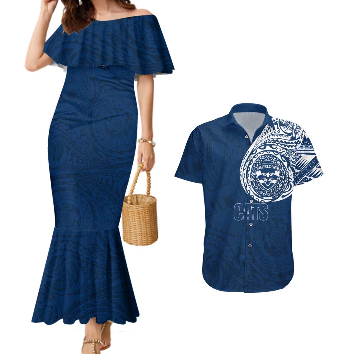 Personalized Geelong Cats Polynesian Couples Matching Mermaid Dress and Hawaiian Shirt Tribal Chest and Sleeve Tattoo Heritage Warrior