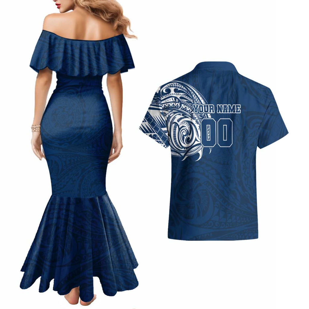 Personalized Geelong Cats Polynesian Couples Matching Mermaid Dress and Hawaiian Shirt Tribal Chest and Sleeve Tattoo Heritage Warrior