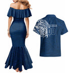 Personalized Geelong Cats Polynesian Couples Matching Mermaid Dress and Hawaiian Shirt Tribal Chest and Sleeve Tattoo Heritage Warrior