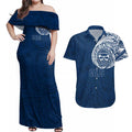 Personalized Geelong Cats Polynesian Couples Matching Off Shoulder Maxi Dress and Hawaiian Shirt Tribal Chest and Sleeve Tattoo Heritage Warrior
