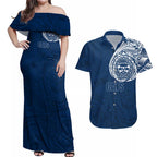 Personalized Geelong Cats Polynesian Couples Matching Off Shoulder Maxi Dress and Hawaiian Shirt Tribal Chest and Sleeve Tattoo Heritage Warrior