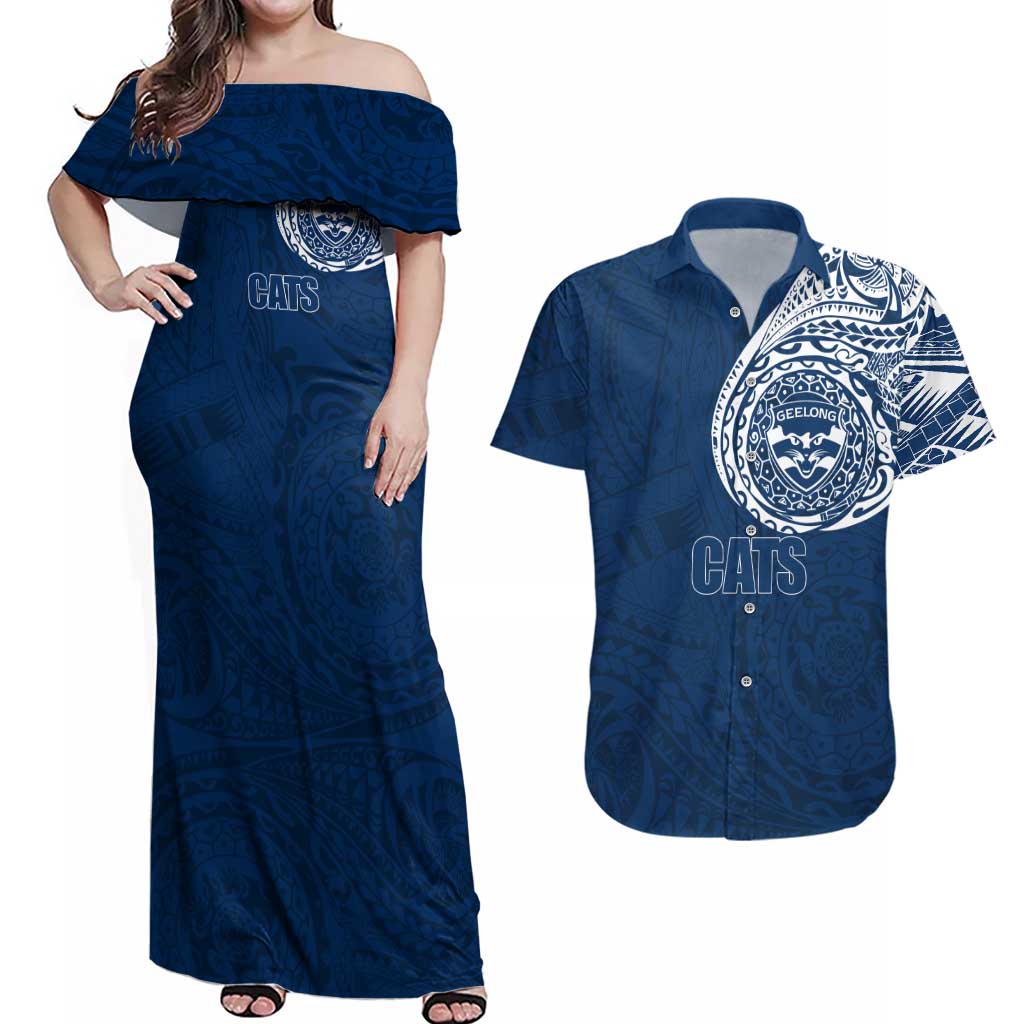 Personalized Geelong Cats Polynesian Couples Matching Off Shoulder Maxi Dress and Hawaiian Shirt Tribal Chest and Sleeve Tattoo Heritage Warrior