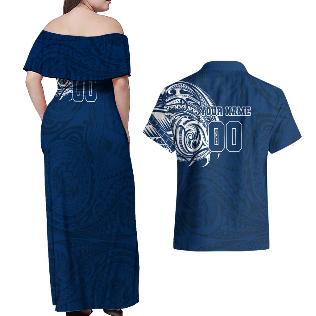Personalized Geelong Cats Polynesian Couples Matching Off Shoulder Maxi Dress and Hawaiian Shirt Tribal Chest and Sleeve Tattoo Heritage Warrior