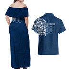 Personalized Geelong Cats Polynesian Couples Matching Off Shoulder Maxi Dress and Hawaiian Shirt Tribal Chest and Sleeve Tattoo Heritage Warrior