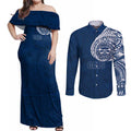 Personalized Geelong Cats Polynesian Couples Matching Off Shoulder Maxi Dress and Long Sleeve Button Shirt Tribal Chest and Sleeve Tattoo Heritage Warrior