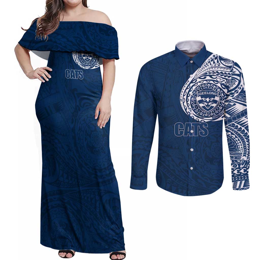 Personalized Geelong Cats Polynesian Couples Matching Off Shoulder Maxi Dress and Long Sleeve Button Shirt Tribal Chest and Sleeve Tattoo Heritage Warrior