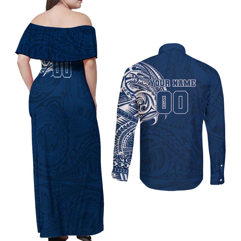 Personalized Geelong Cats Polynesian Couples Matching Off Shoulder Maxi Dress and Long Sleeve Button Shirt Tribal Chest and Sleeve Tattoo Heritage Warrior