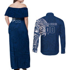 Personalized Geelong Cats Polynesian Couples Matching Off Shoulder Maxi Dress and Long Sleeve Button Shirt Tribal Chest and Sleeve Tattoo Heritage Warrior