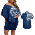 Personalized Geelong Cats Polynesian Couples Matching Off Shoulder Short Dress and Hawaiian Shirt Tribal Chest and Sleeve Tattoo Heritage Warrior