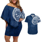 Personalized Geelong Cats Polynesian Couples Matching Off Shoulder Short Dress and Hawaiian Shirt Tribal Chest and Sleeve Tattoo Heritage Warrior