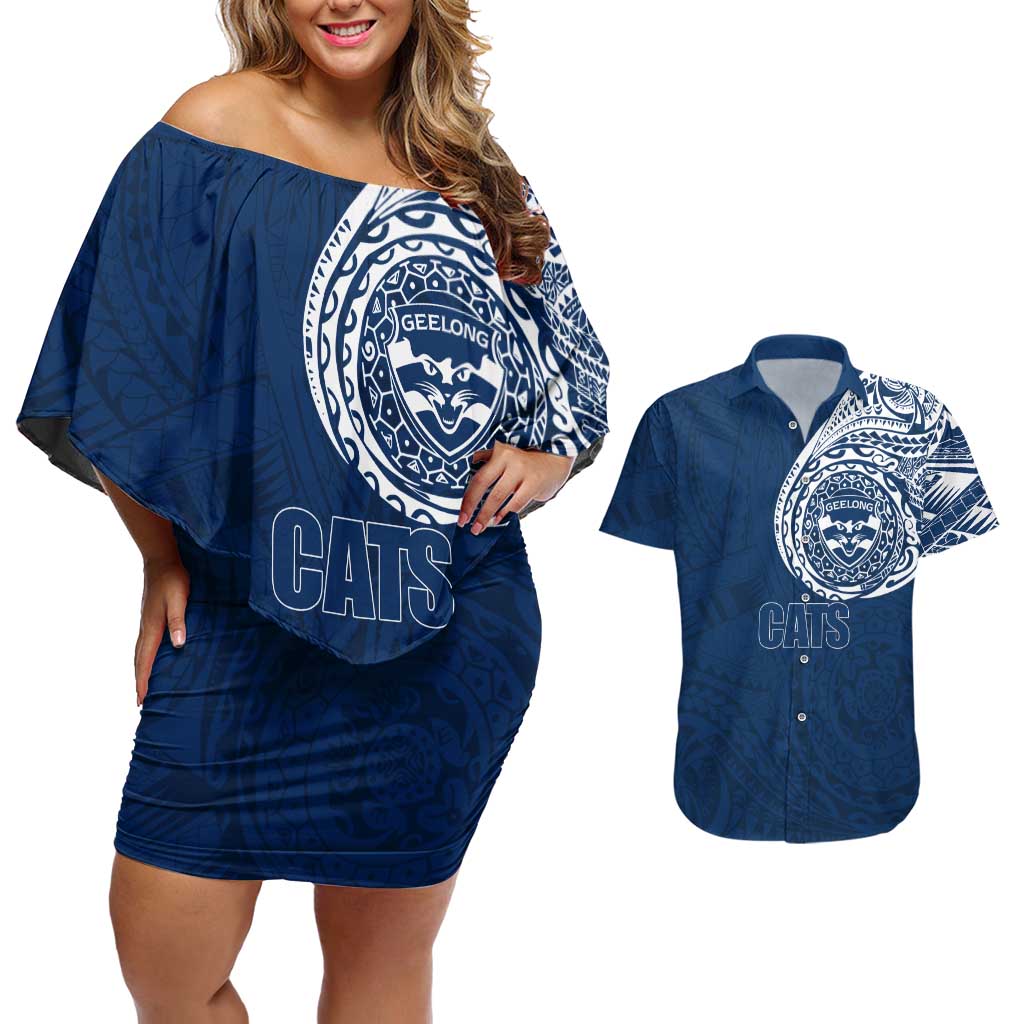 Personalized Geelong Cats Polynesian Couples Matching Off Shoulder Short Dress and Hawaiian Shirt Tribal Chest and Sleeve Tattoo Heritage Warrior