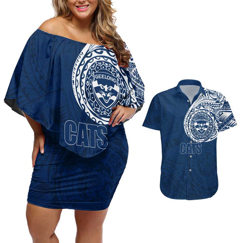 Personalized Geelong Cats Polynesian Couples Matching Off Shoulder Short Dress and Hawaiian Shirt Tribal Chest and Sleeve Tattoo Heritage Warrior