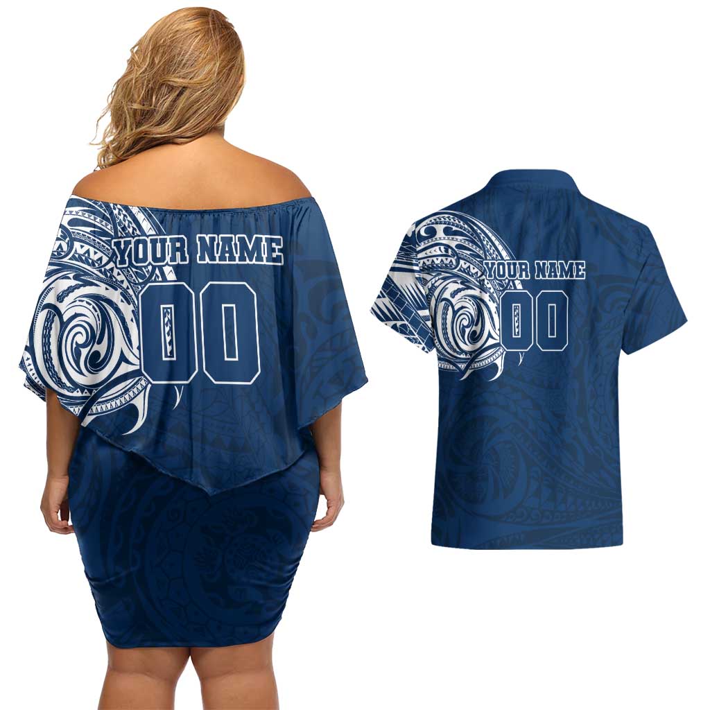 Personalized Geelong Cats Polynesian Couples Matching Off Shoulder Short Dress and Hawaiian Shirt Tribal Chest and Sleeve Tattoo Heritage Warrior
