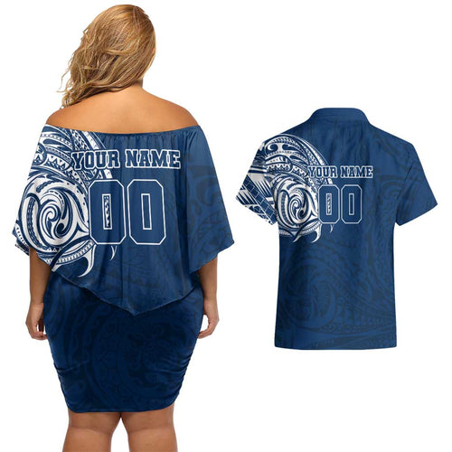 Personalized Geelong Cats Polynesian Couples Matching Off Shoulder Short Dress and Hawaiian Shirt Tribal Chest and Sleeve Tattoo Heritage Warrior