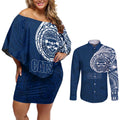 Personalized Geelong Cats Polynesian Couples Matching Off Shoulder Short Dress and Long Sleeve Button Shirt Tribal Chest and Sleeve Tattoo Heritage Warrior