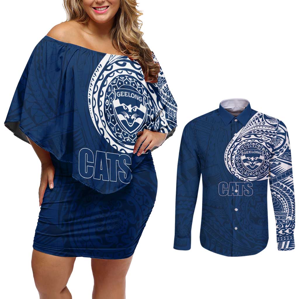 Personalized Geelong Cats Polynesian Couples Matching Off Shoulder Short Dress and Long Sleeve Button Shirt Tribal Chest and Sleeve Tattoo Heritage Warrior