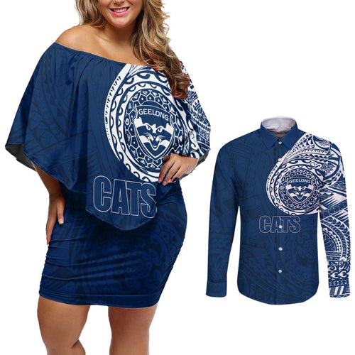 Personalized Geelong Cats Polynesian Couples Matching Off Shoulder Short Dress and Long Sleeve Button Shirt Tribal Chest and Sleeve Tattoo Heritage Warrior