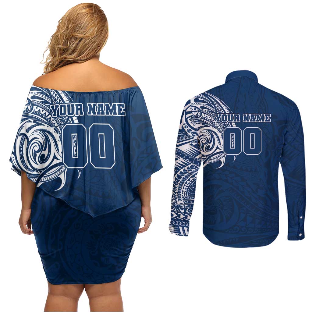 Personalized Geelong Cats Polynesian Couples Matching Off Shoulder Short Dress and Long Sleeve Button Shirt Tribal Chest and Sleeve Tattoo Heritage Warrior