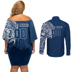 Personalized Geelong Cats Polynesian Couples Matching Off Shoulder Short Dress and Long Sleeve Button Shirt Tribal Chest and Sleeve Tattoo Heritage Warrior