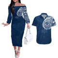Personalized Geelong Cats Polynesian Couples Matching Off The Shoulder Long Sleeve Dress and Hawaiian Shirt Tribal Chest and Sleeve Tattoo Heritage Warrior