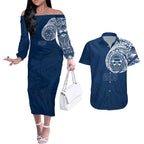 Personalized Geelong Cats Polynesian Couples Matching Off The Shoulder Long Sleeve Dress and Hawaiian Shirt Tribal Chest and Sleeve Tattoo Heritage Warrior