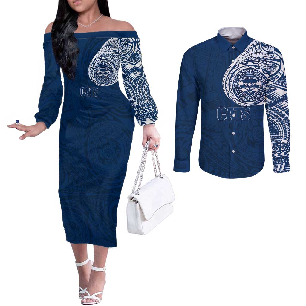Personalized Geelong Cats Polynesian Couples Matching Off The Shoulder Long Sleeve Dress and Long Sleeve Button Shirt Tribal Chest and Sleeve Tattoo Heritage Warrior