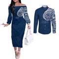 Personalized Geelong Cats Polynesian Couples Matching Off The Shoulder Long Sleeve Dress and Long Sleeve Button Shirt Tribal Chest and Sleeve Tattoo Heritage Warrior