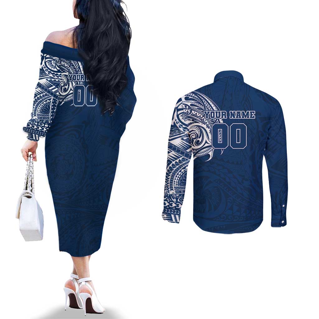 Personalized Geelong Cats Polynesian Couples Matching Off The Shoulder Long Sleeve Dress and Long Sleeve Button Shirt Tribal Chest and Sleeve Tattoo Heritage Warrior