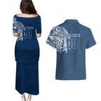 Personalized Geelong Cats Polynesian Couples Matching Puletasi and Hawaiian Shirt Tribal Chest and Sleeve Tattoo Heritage Warrior