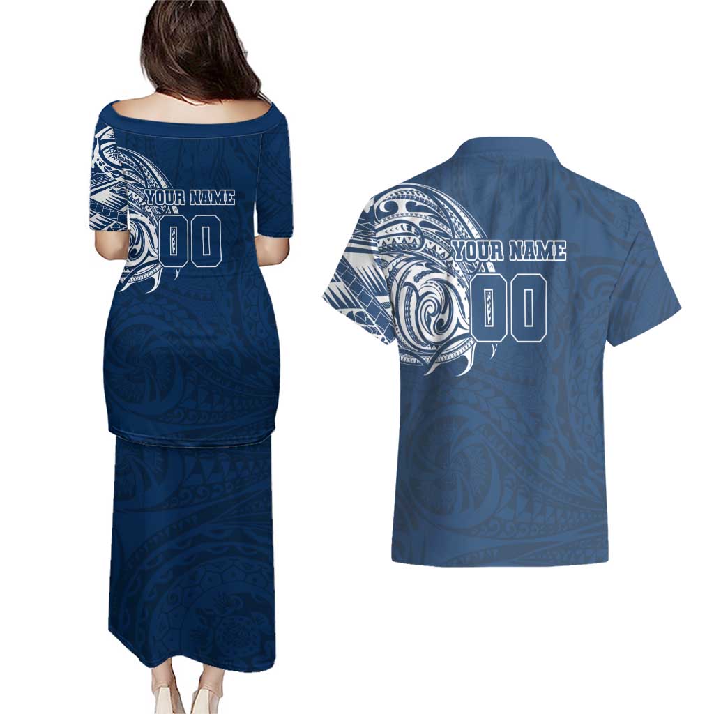 Personalized Geelong Cats Polynesian Couples Matching Puletasi and Hawaiian Shirt Tribal Chest and Sleeve Tattoo Heritage Warrior