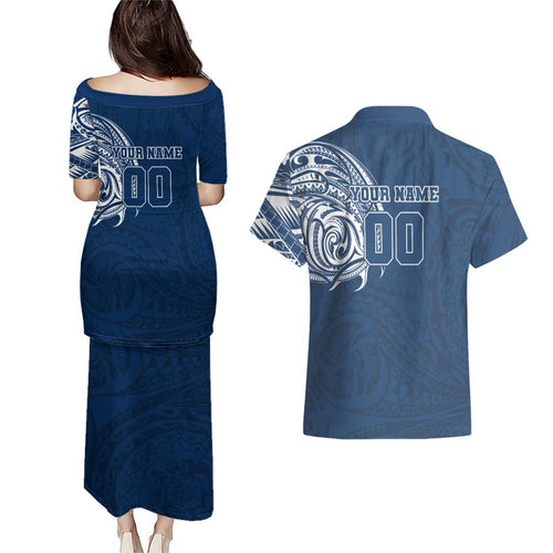 Personalized Geelong Cats Polynesian Couples Matching Puletasi and Hawaiian Shirt Tribal Chest and Sleeve Tattoo Heritage Warrior