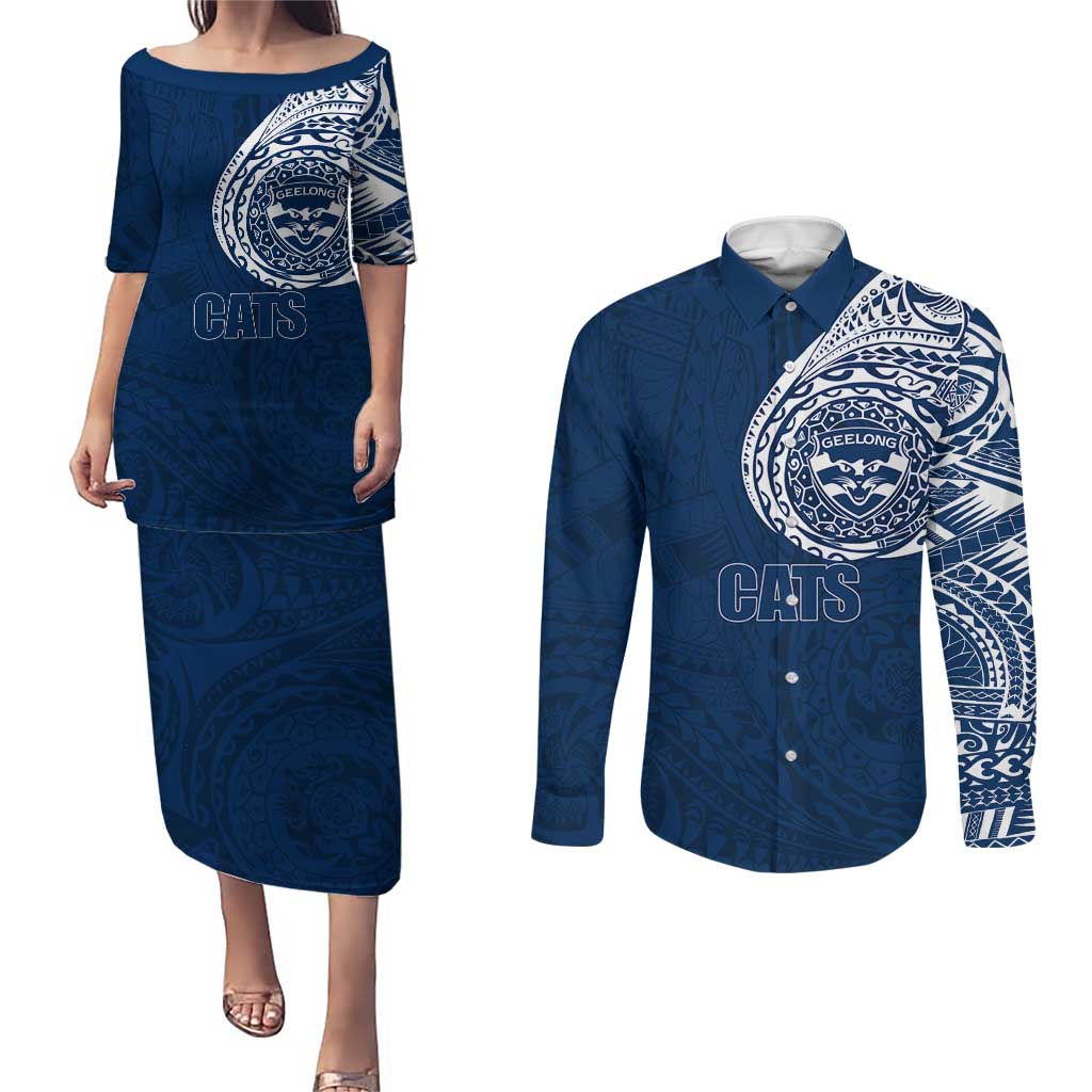 Personalized Geelong Cats Polynesian Couples Matching Puletasi and Long Sleeve Button Shirt Tribal Chest and Sleeve Tattoo Heritage Warrior