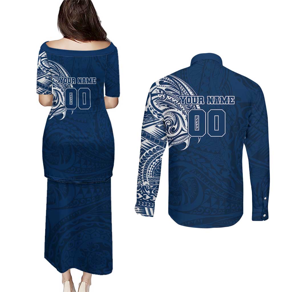 Personalized Geelong Cats Polynesian Couples Matching Puletasi and Long Sleeve Button Shirt Tribal Chest and Sleeve Tattoo Heritage Warrior