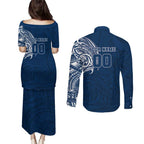 Personalized Geelong Cats Polynesian Couples Matching Puletasi and Long Sleeve Button Shirt Tribal Chest and Sleeve Tattoo Heritage Warrior