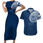 Personalized Geelong Cats Polynesian Couples Matching Short Sleeve Bodycon Dress and Hawaiian Shirt Tribal Chest and Sleeve Tattoo Heritage Warrior
