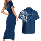 Personalized Geelong Cats Polynesian Couples Matching Short Sleeve Bodycon Dress and Hawaiian Shirt Tribal Chest and Sleeve Tattoo Heritage Warrior