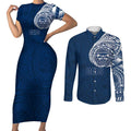 Personalized Geelong Cats Polynesian Couples Matching Short Sleeve Bodycon Dress and Long Sleeve Button Shirt Tribal Chest and Sleeve Tattoo Heritage Warrior