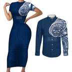 Personalized Geelong Cats Polynesian Couples Matching Short Sleeve Bodycon Dress and Long Sleeve Button Shirt Tribal Chest and Sleeve Tattoo Heritage Warrior