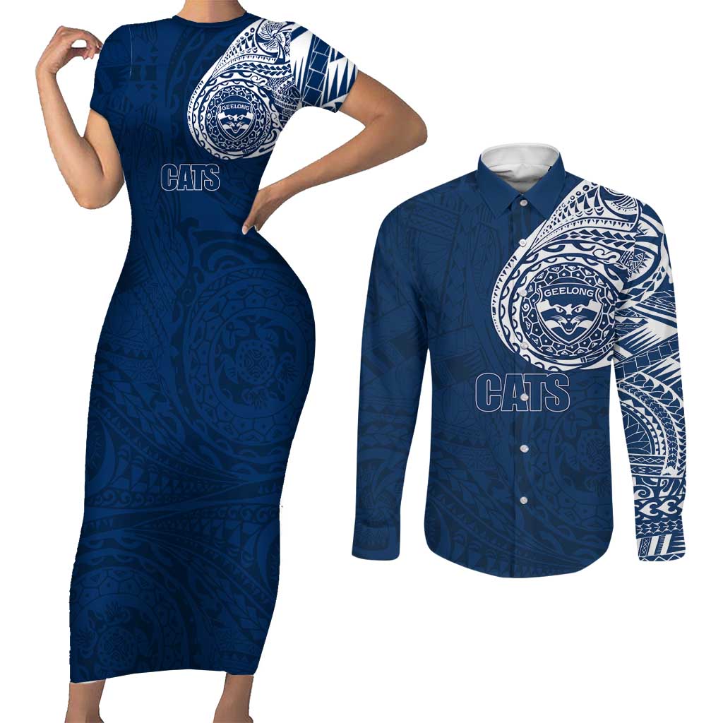 Personalized Geelong Cats Polynesian Couples Matching Short Sleeve Bodycon Dress and Long Sleeve Button Shirt Tribal Chest and Sleeve Tattoo Heritage Warrior