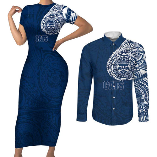 Personalized Geelong Cats Polynesian Couples Matching Short Sleeve Bodycon Dress and Long Sleeve Button Shirt Tribal Chest and Sleeve Tattoo Heritage Warrior