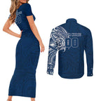 Personalized Geelong Cats Polynesian Couples Matching Short Sleeve Bodycon Dress and Long Sleeve Button Shirt Tribal Chest and Sleeve Tattoo Heritage Warrior