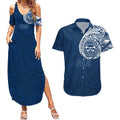 Personalized Geelong Cats Polynesian Couples Matching Summer Maxi Dress and Hawaiian Shirt Tribal Chest and Sleeve Tattoo Heritage Warrior